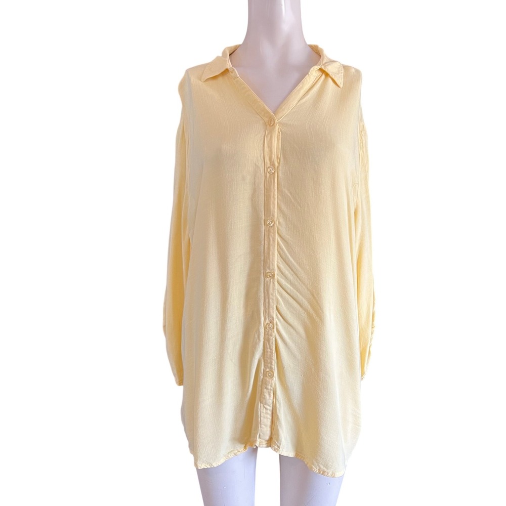 Chico's Yellow Rayon Button Front Roll Tab Sleeve Tunic Top Size 3 XL